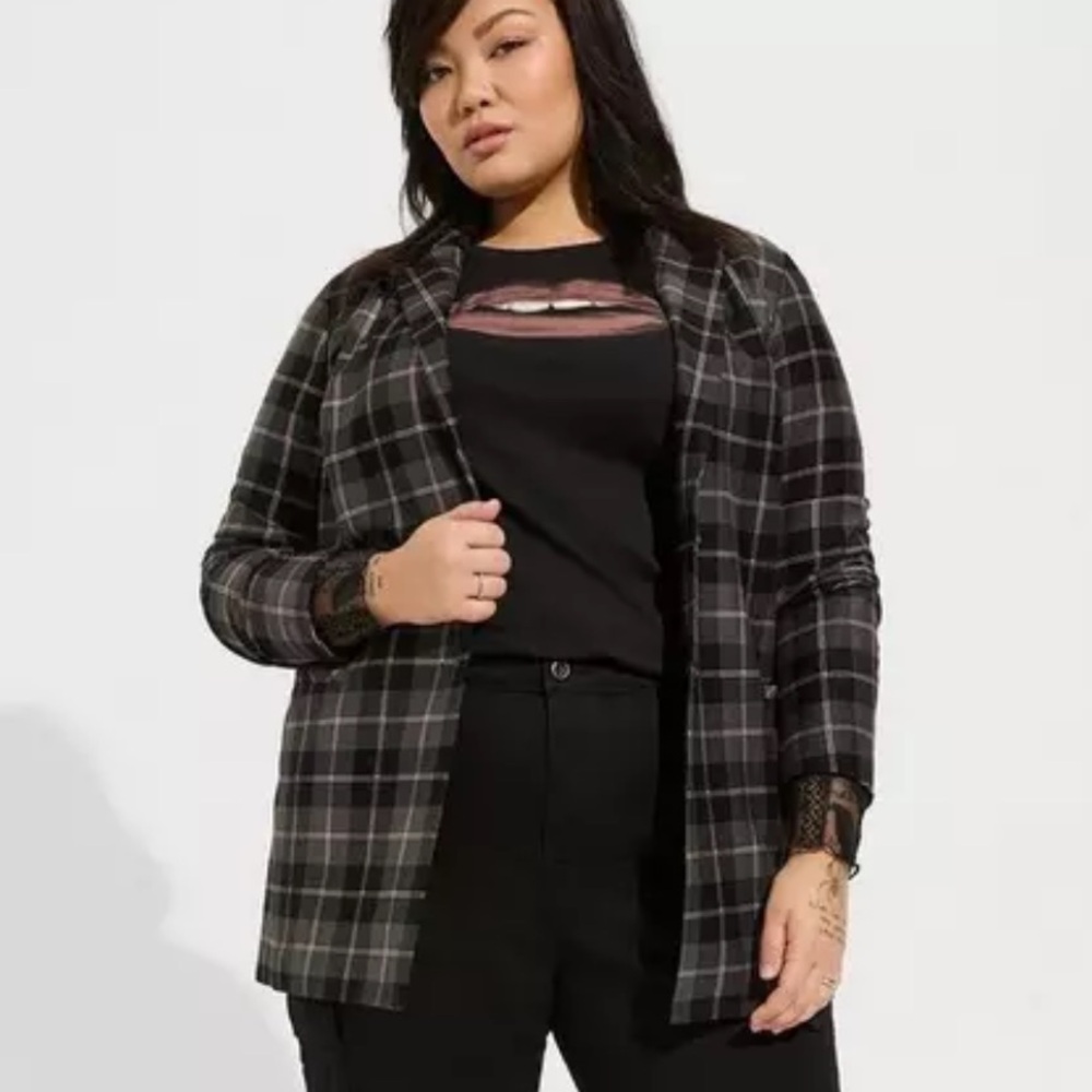Torrid Plaid Long Blazer Womens Size 2X Stretch Black, Grey, Pink